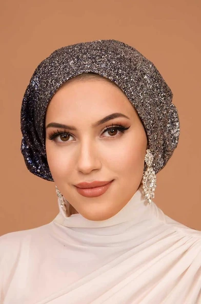 Gümüş Lacivert Simli Çağla Abiye Hazır Türban Bone - Resim 2