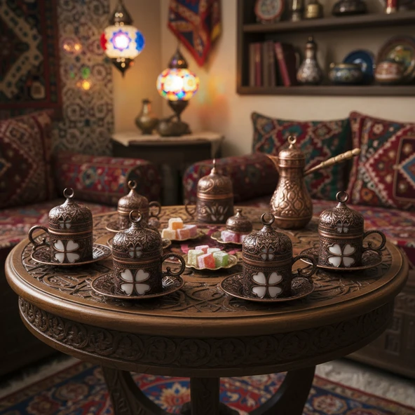 SENA Yonca Desenli 6 Kişilik Porselenli Kapaklı 24 Parça Bakır Renk Fincan Seti - 5