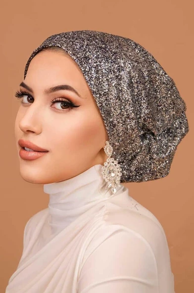 Gümüş Lacivert Simli Çağla Abiye Hazır Türban Bone - Resim 3