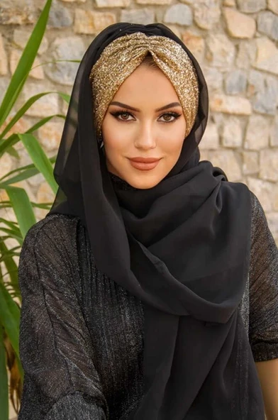Siyah Gold Simli Abiye Şal - 2