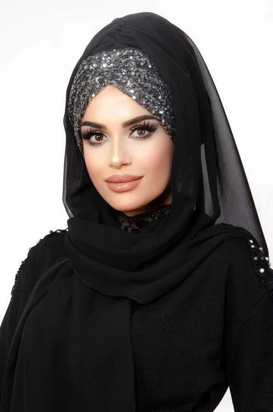 Siyah Antrasit Pul Payetli Abiye Şal - 4