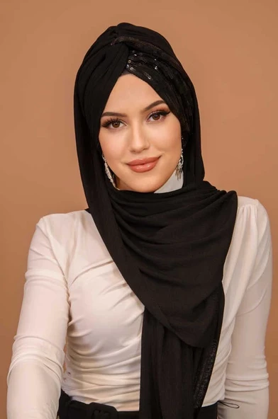 Siyah Payetli Burgu Model Hazır Abiye Şal - 3