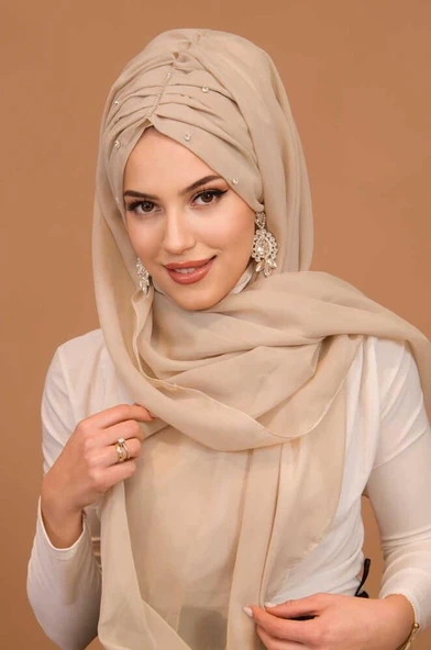 Kemik Rengi Taşlı Büzgü Model Hazır Abiye Şal ürün görseli