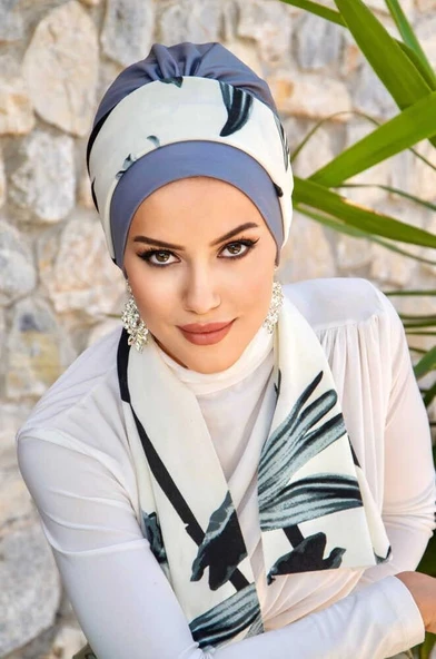 Gri Yaprak Desen Fularlı Bone - Resim 2