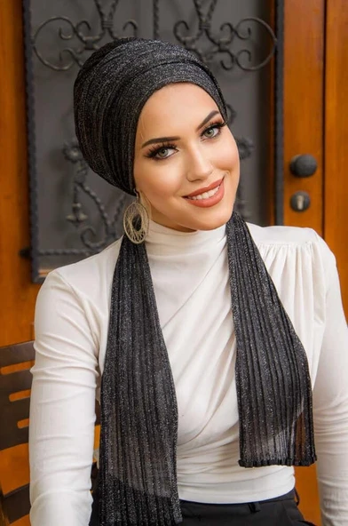 Siyah Gümüş Simli Piliseli Abiye Atkılı Bone - 4