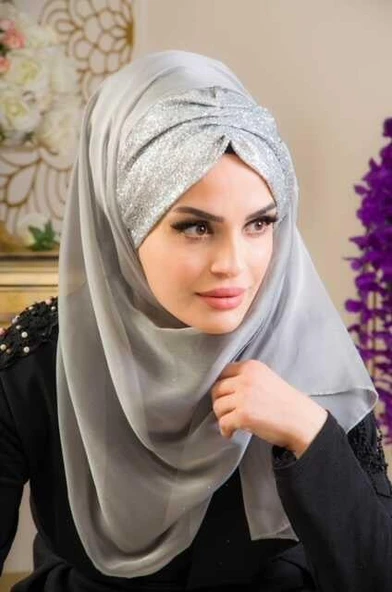 Gümüş Fransız Şifon Simli DOUBLE Abiye Şal - 1