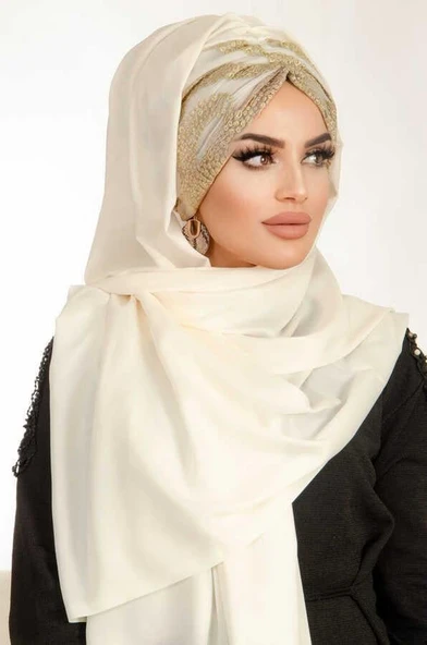 Ekru Gold Dantelli Hazır Şifon Şal - 4