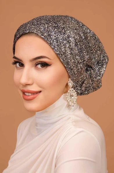 Gümüş Lacivert Simli Çağla Abiye Hazır Türban Bone ürün görseli