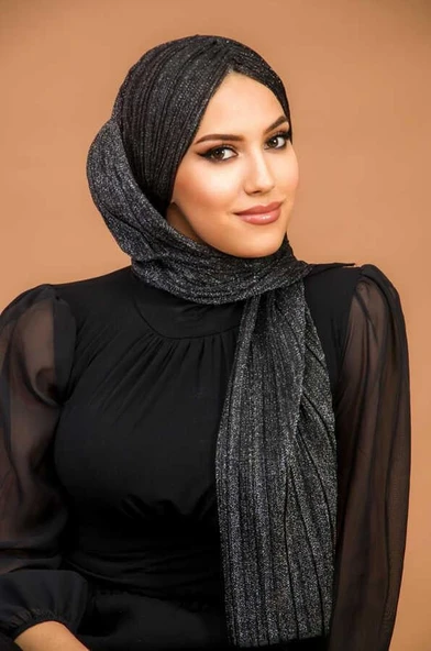 Siyah Gümüş Kelebek Büzgülü Abiye Şal - 3