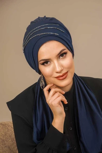 Lacivert Taşlı Atkılı Abiye Bone - 2
