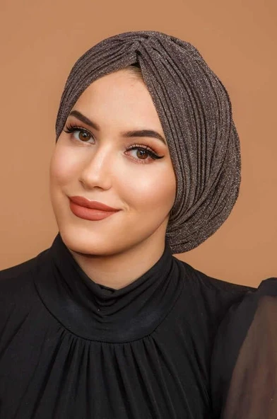 Kahve Simli Piliseli Kelebek Model Büzgülü Abiye Bone Şal - 3