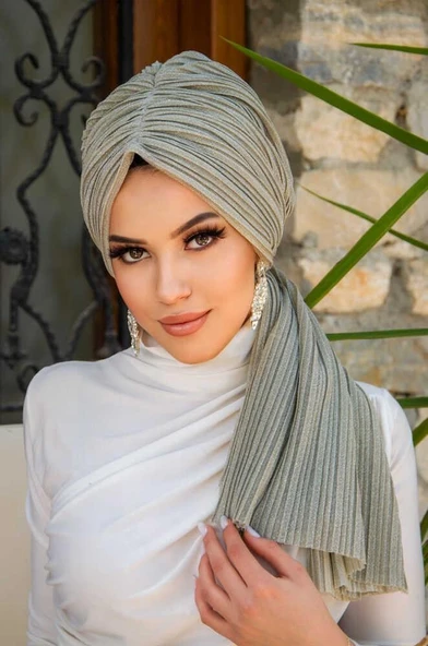 Bej Işıltılı Piliseli Dolama Bone - Resim 2