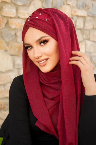 Bordo Işıltılı Taşlı Abiye Şal - Resim 5