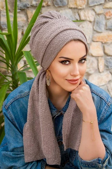 Taş Rengi Piliseli Atkılı Bone - Resim 2