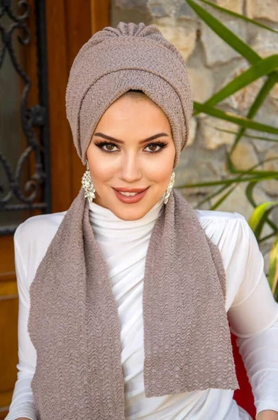 Taş Rengi Piliseli Atkılı Bone - Resim 5