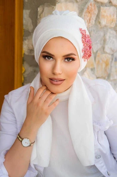 Beyaz Mercan Nakışlı  Atkılı Abiye Bone - 60101 ürün görseli