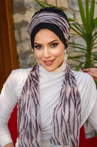 Siyah Zebra Desen Fularlı Bone - Resim 2