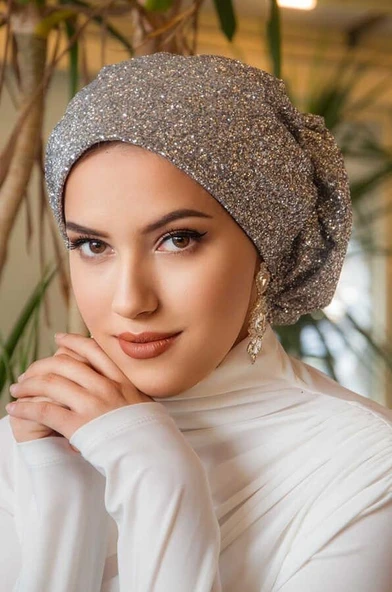 Gümüş Simli Çağla Abiye Hazır Türban - 1