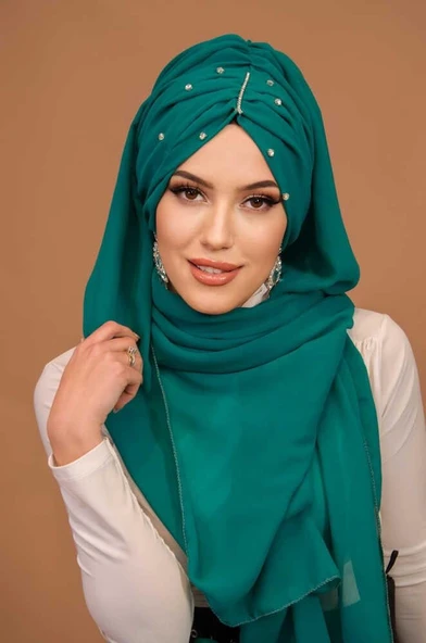 Petrol Yeşil Taşlı Büzgü Model Hazır Abiye Şal - 1