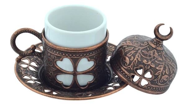 SENA Yonca Desenli 6 Kişilik Porselenli Kapaklı 24 Parça Bakır Renk Fincan Seti - 7