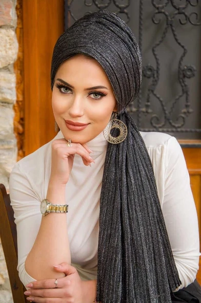 Siyah Gümüş Piliseli Kelebek Model Bantlı Abiye Bone Şal - Resim 2