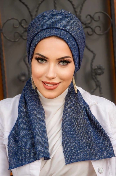 Lacivert Gold Işıltılı Atkılı Tesettür Bone - Resim 2