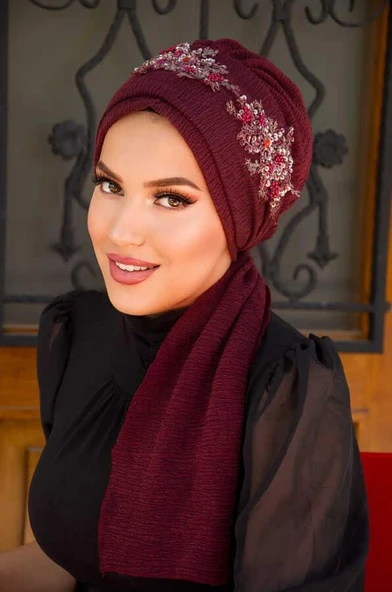 Bordo Nakışlı Abiye Atkılı Bone - Resim 3