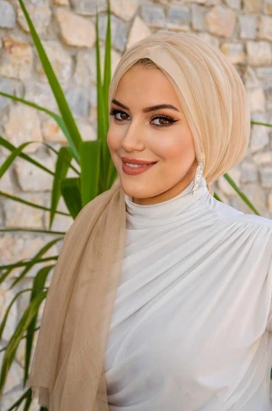 Bej Tül Büzgülü Dolama Bone - 4