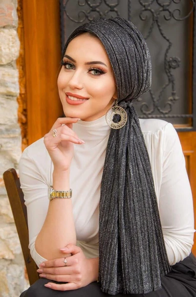 Siyah Gümüş Piliseli Kelebek Model Bantlı Abiye Bone Şal ürün görseli