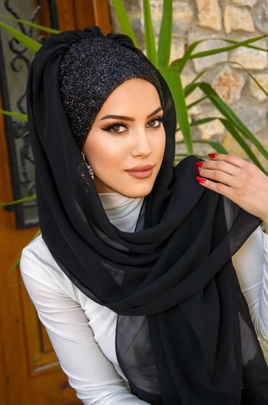 Siyah Simli Hazır Abiye Şal - 2