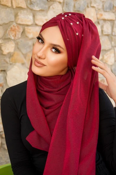 Bordo Işıltılı Taşlı Abiye Şal - Resim 2