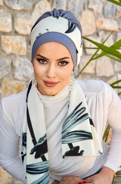 Gri Yaprak Desen Fularlı Bone - Resim 3