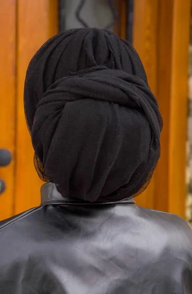 Siyah Tül Büzgülü Dolama Bone - Resim 3