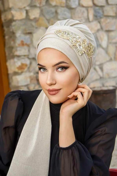 Ekru Gold Nakışlı  Atkılı Abiye Bone - 3