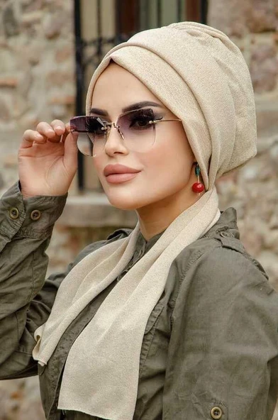 Krem Simli Atkılı Tesettür Bone ürün görseli