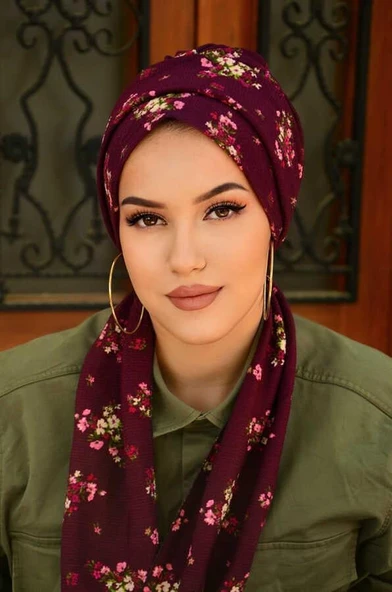 Mürdüm Buket Desenli Atkılı Bone - Resim 4