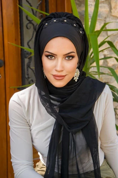 Siyah Çiçek Taşlı Hazır Abiye Şal - 3