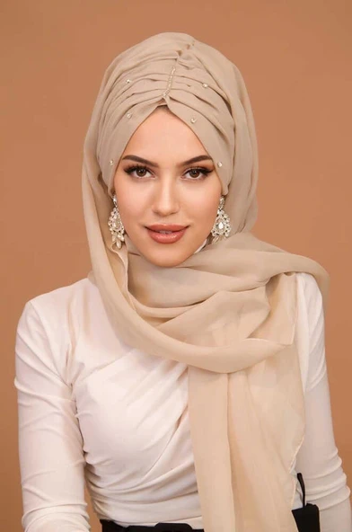 Kemik Rengi Taşlı Büzgü Model Hazır Abiye Şal - Resim 2