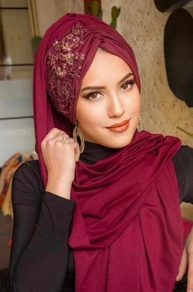 Bordo Güpürlü Abiye Şal - 1