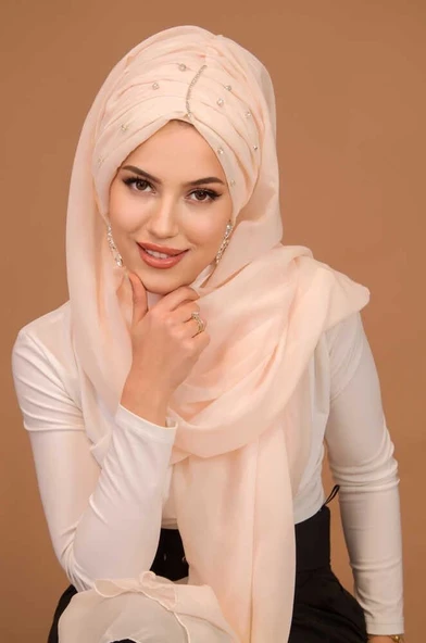 Somon Taşlı Büzgü Model Hazır Abiye Şal - Resim 3