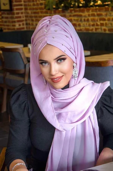 Lila Taş Detay Büzgülü Abiye Şal - 2