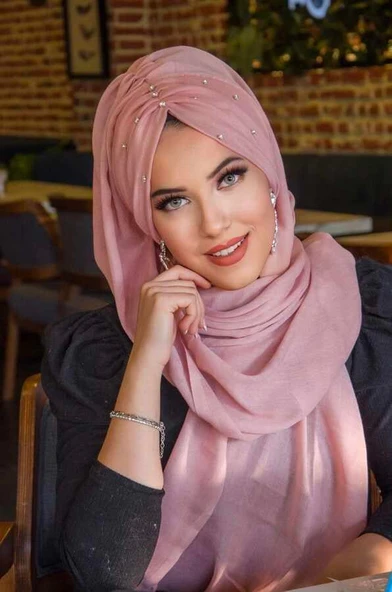 Pudra Taş Detay Büzgülü Abiye Şal - Resim 4