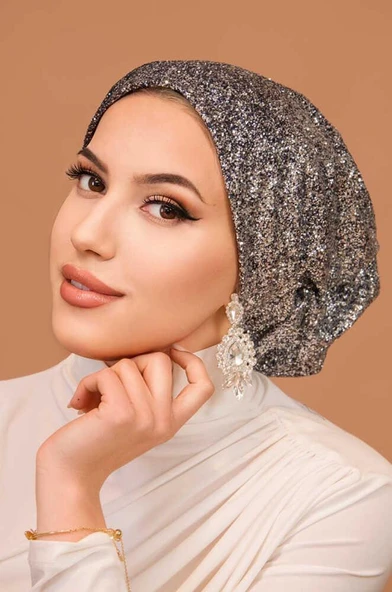 Gümüş Lacivert Simli Çağla Abiye Hazır Türban Bone - Resim 4