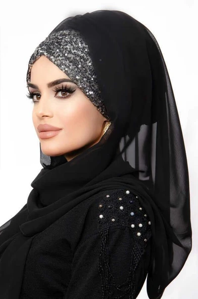 Siyah Antrasit Pul Payetli Abiye Şal - 5