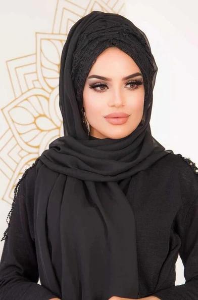 Siyah Dantelli Hazır Şifon Şal - Resim 2