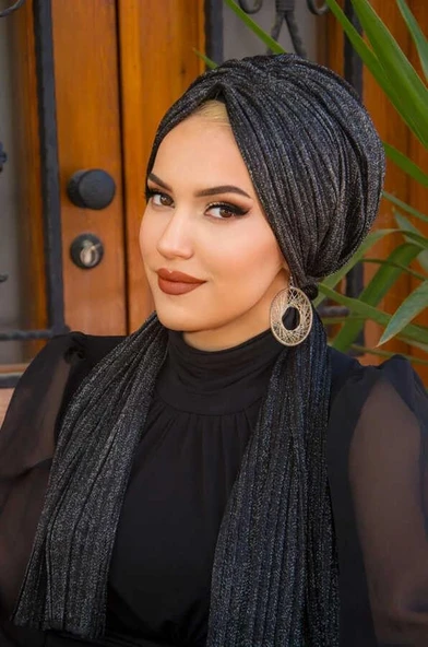 Siyah Gümüş Simli Piliseli Abiye Tokalı Bone - 2