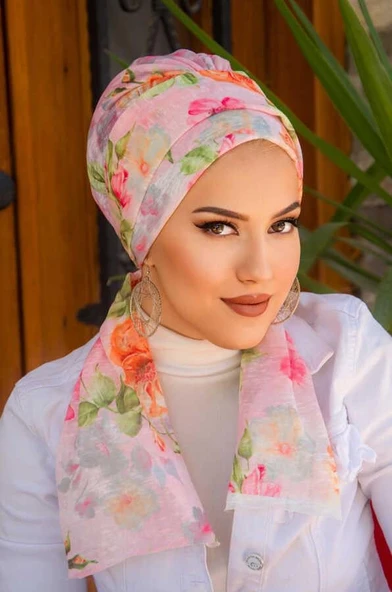 Vizon Pudra Çiçek Desenli Atkılı Bone - Resim 3