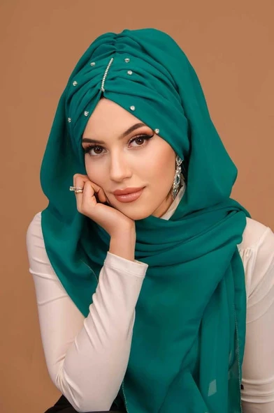 Petrol Yeşil Taşlı Büzgü Model Hazır Abiye Şal - 2