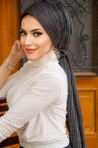 Siyah Gümüş Piliseli Kelebek Model Bantlı Abiye Bone Şal - Resim 3