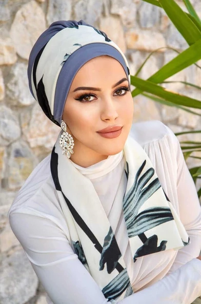 Gri Yaprak Desen Fularlı Bone ürün görseli